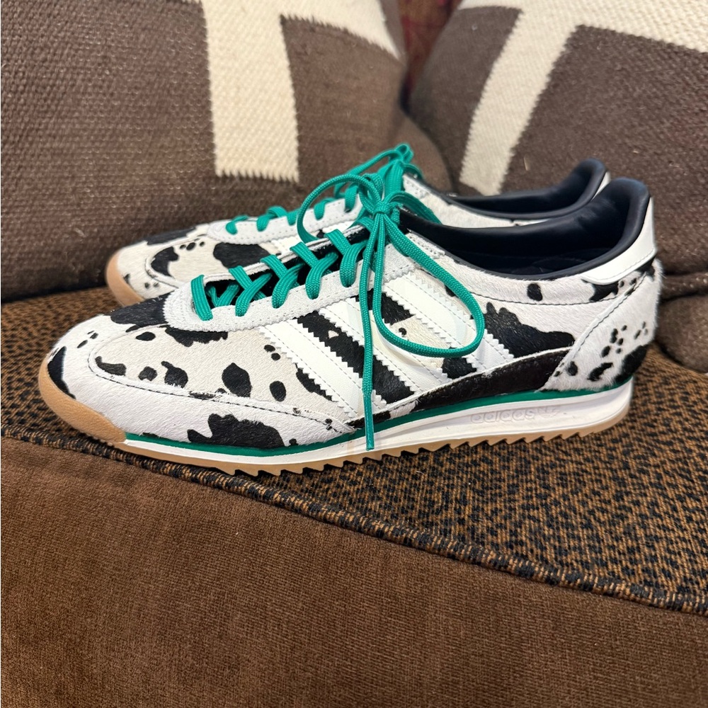 adidas Women's Black and White Dalmatian Print Sneakers with Teal Accents